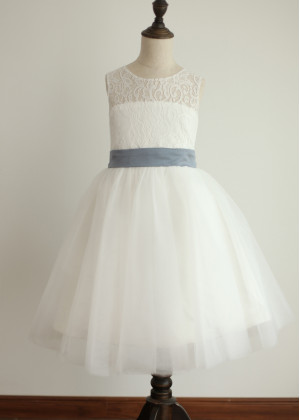 Ivory Lace Tulle Heart Cut Back Flower Girl Dress